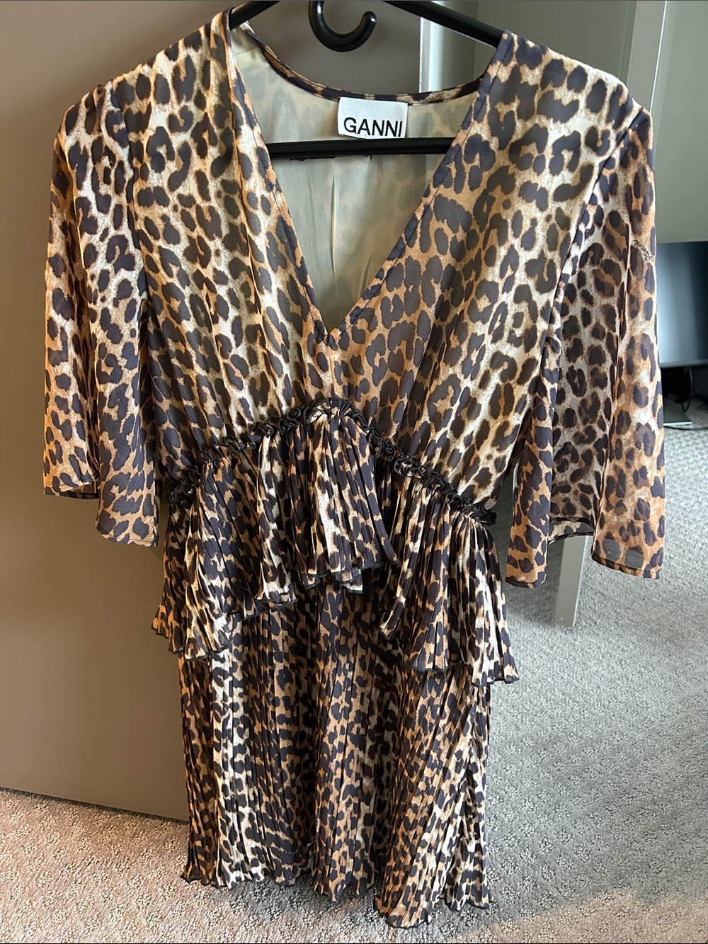 Ganni Leopard-Print V-Neck Ruffle Dress — Brown & Black